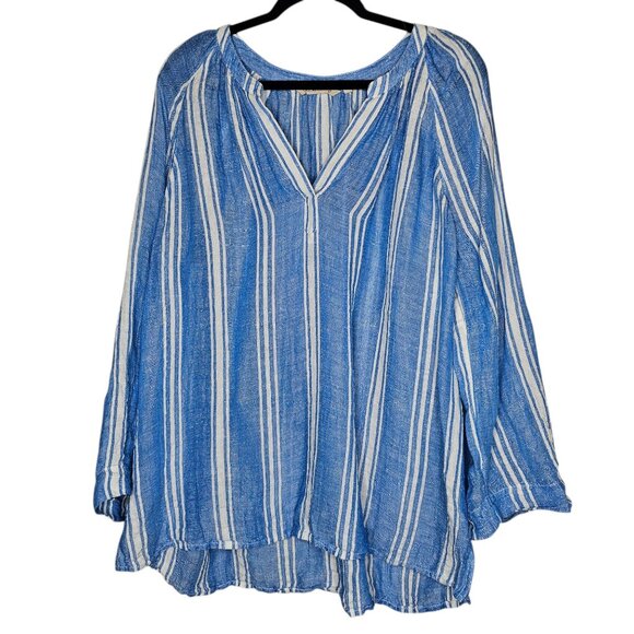 Soft Surrounding 1X Blue Striped Linen Blend Roll Tab Top Nautical Coastal Beach - Picture 1 of 6